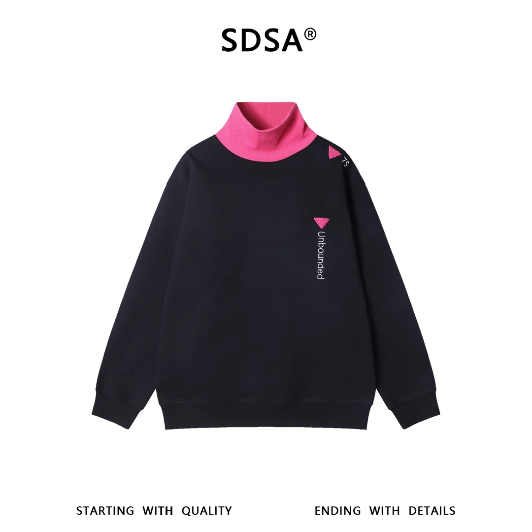 SDSA秋冬新款痞帅男装美式拼接撞色刺绣字母倒三角立领卫衣百搭