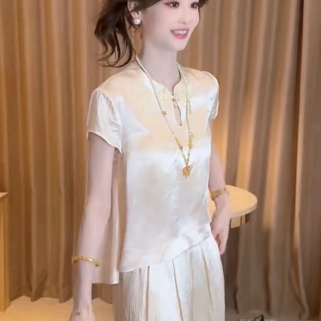 现货 新中式国风减龄醋酸盘扣缎面无袖衬衫女夏季