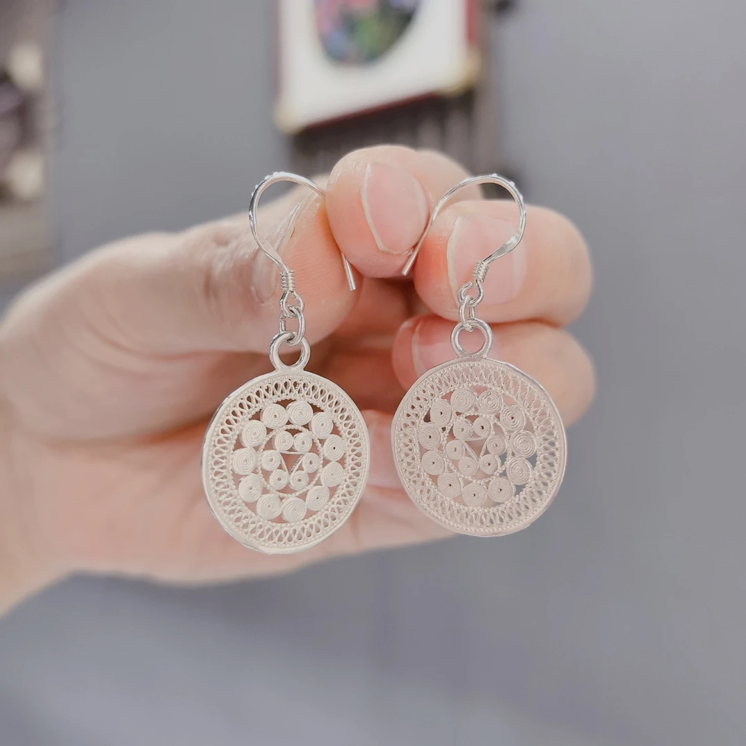 足银耳饰 花丝长款耳环耳钩系列足银999民族风耳坠古风气质银耳饰