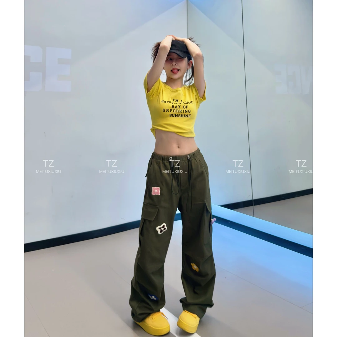 【婷子定制】~150小个子改版春款美式复古菱形花抽绳收腰工装裤C118