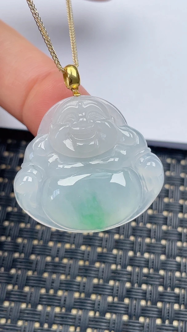 缅甸天然翡翠A货冰阳绿飘花佛公吊坠尺寸29.6-32.3-6.0