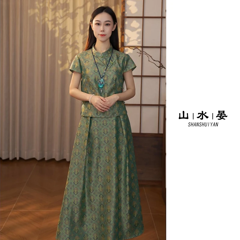 新中式国风桑蚕丝蜀锦时尚套装女气质显瘦减龄真丝两件套UNX857