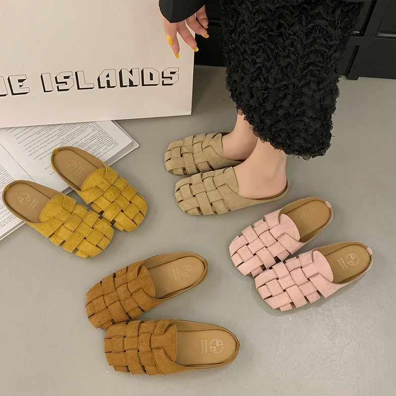 韩版勃肯包头半拖鞋女夏季外穿软底2025新款编织镂空透气平底凉拖