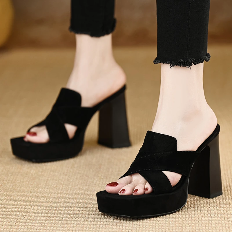 玥小姐女鞋10cm高跟拖鞋小个子外穿夏季防水台粗跟真皮一字拖凉鞋