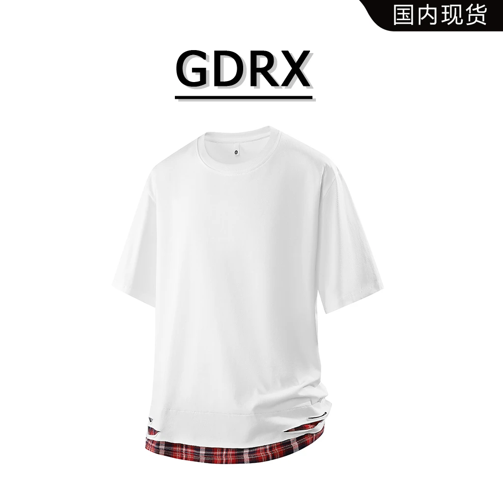 GDRX纯棉短袖T恤男士夏季薄款宽松假两件圆领上衣百搭高级感男装