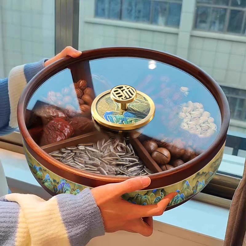木质分格干果盒家用客厅旋转果盘轻奢乔迁糖果瓜子收纳盒过年新款