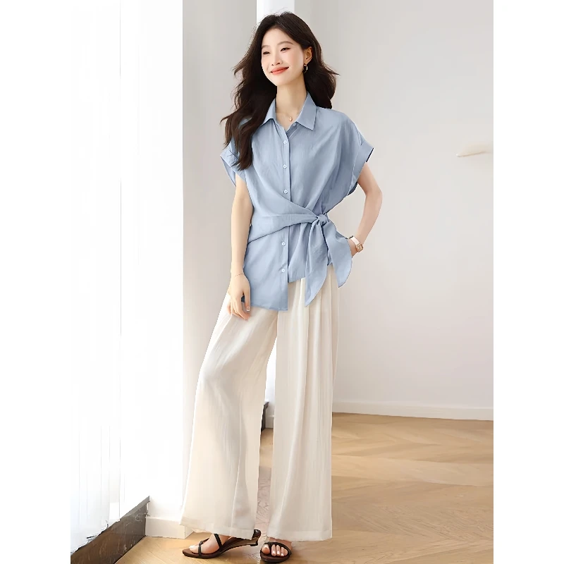 亚麻套装女夏季2025设计感洋气休闲短袖衬衫阔腿裤两件套