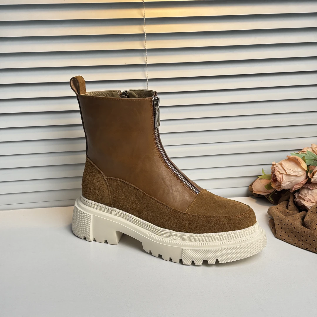 新款短靴真皮厚底低跟圆头拼色侧拉链短筒靴S134