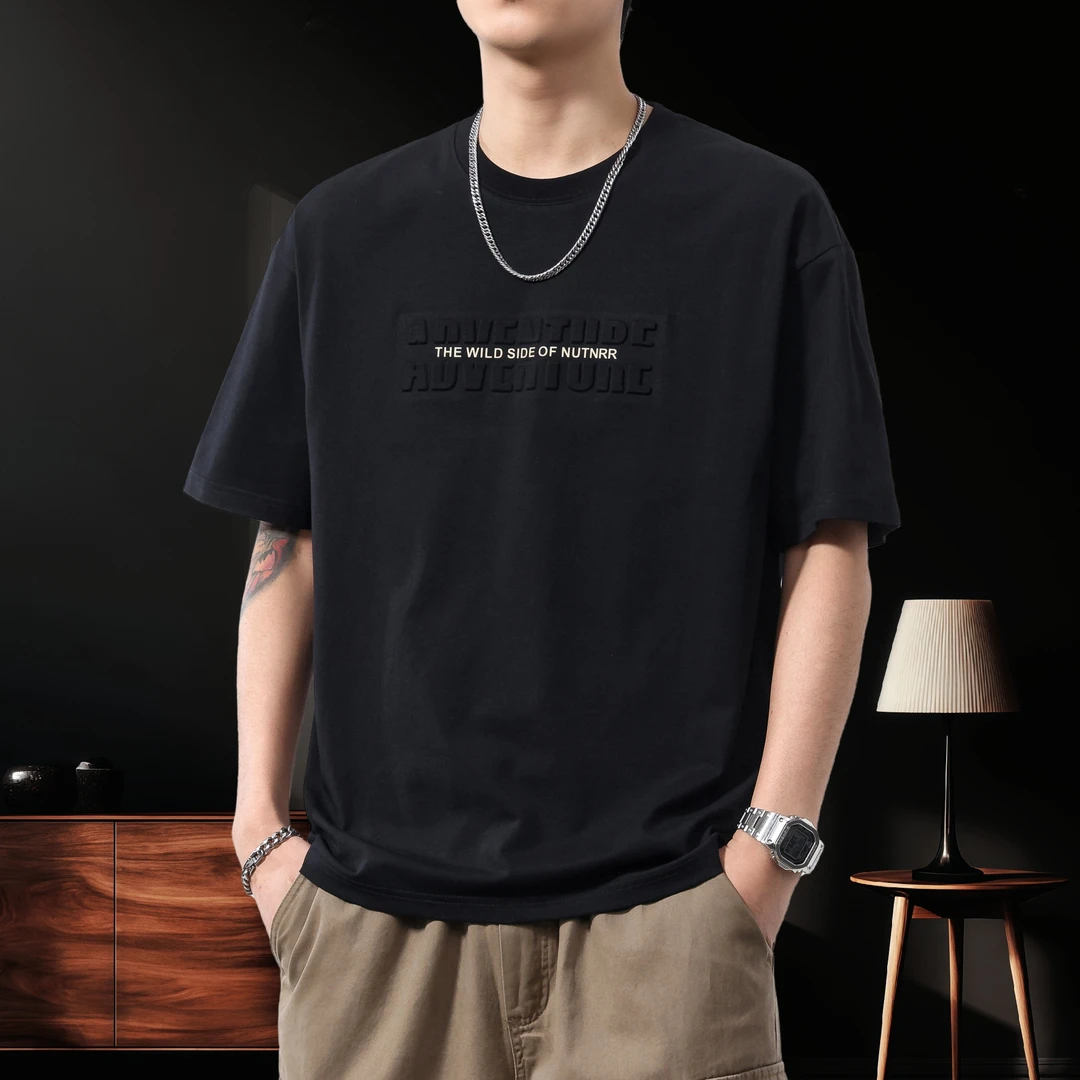 美式复古立体钢印短袖T恤男士2025夏季薄款宽松圆领半袖体恤上衣