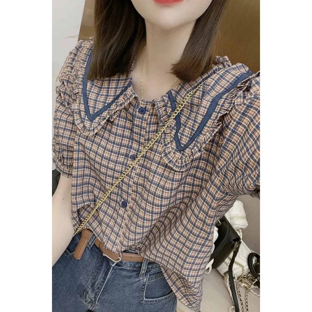 娃娃领泡泡袖格子衬衫女2025夏季新款设计感小众别致百搭上衣ins