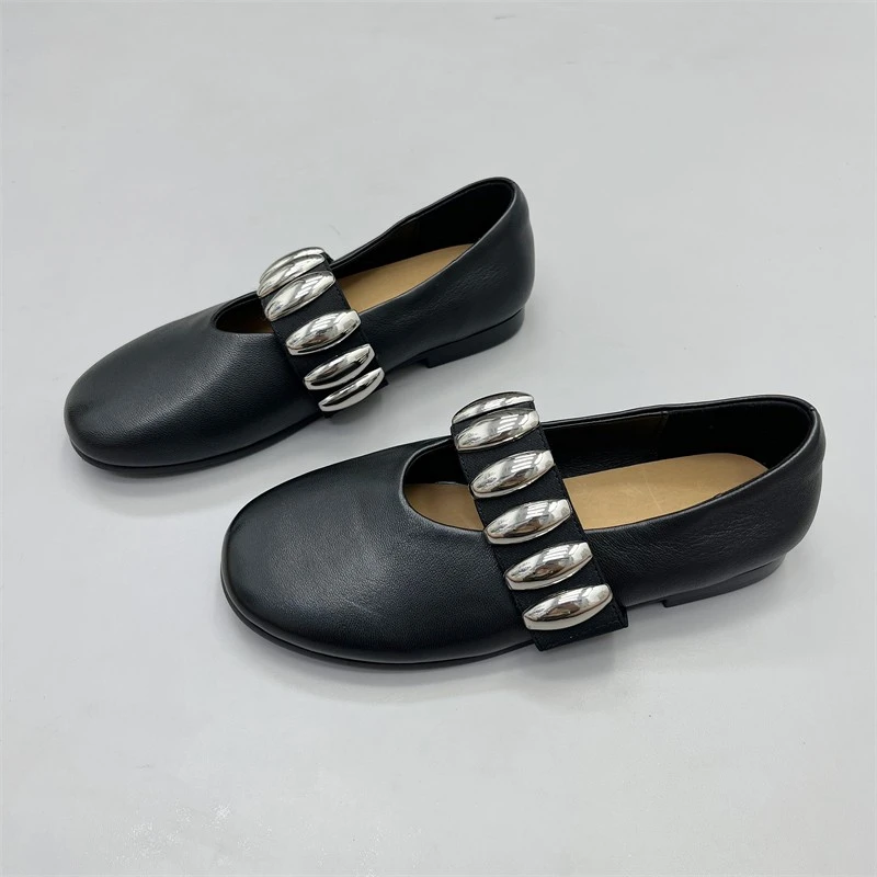 羊皮女单鞋2025年新款圆头浅口金属松紧带芭蕾舞鞋平底玛丽珍皮鞋