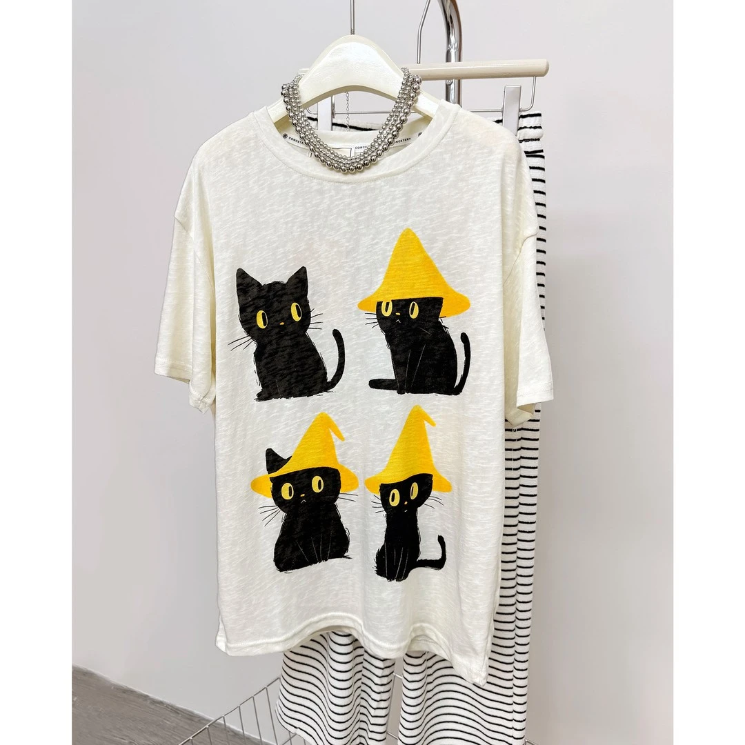 慵懒风宽松设计感印花小猫短袖T恤女装2025夏季新款气质减龄穿搭