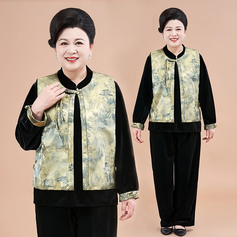 中老年女装妈妈装春季新中式三件套金丝绒套装显瘦国风时尚套装女