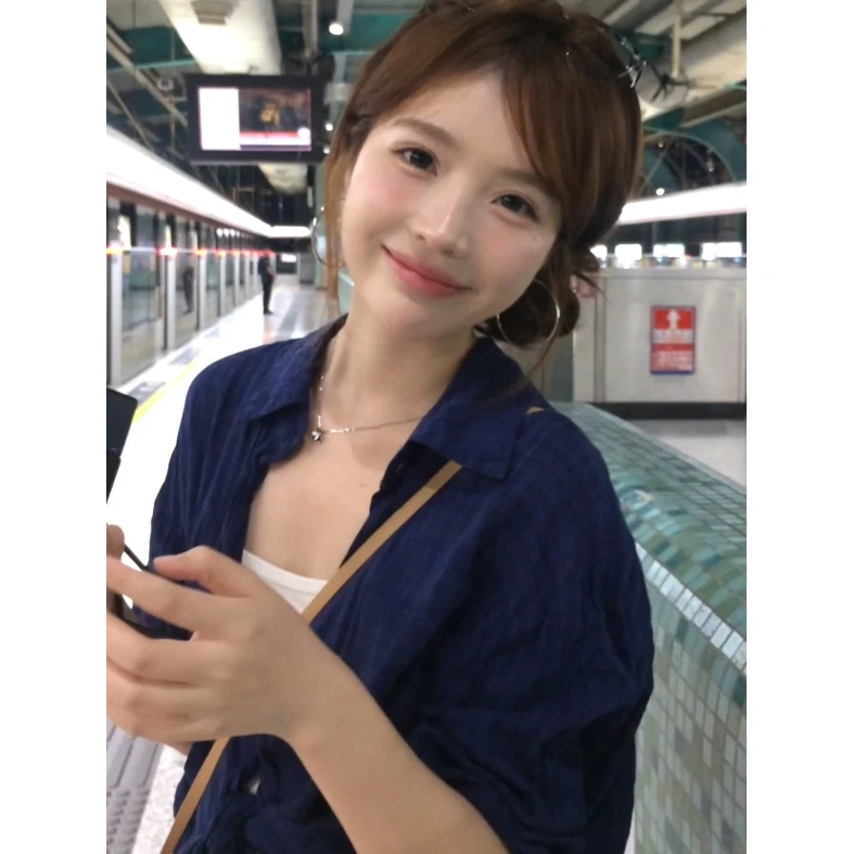 2025拼接日系复古深蓝色格子衬衫女冷淡系感上衣韩系小众女长袖