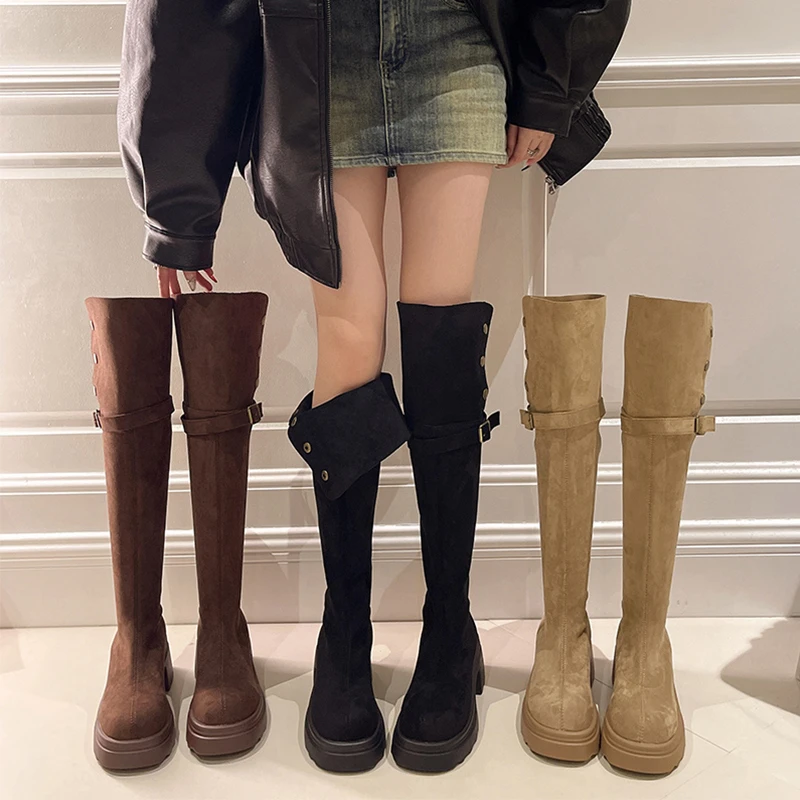 高跟翻折长筒靴子女小个子春秋过膝长靴粗跟弹力瘦瘦靴高筒骑士靴