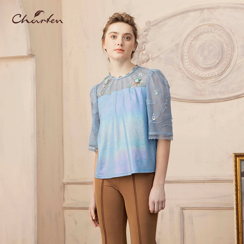 【媛媛专享】朝峰春夏欧式古典浪漫深蓝衬衫CFD2D009-0011B