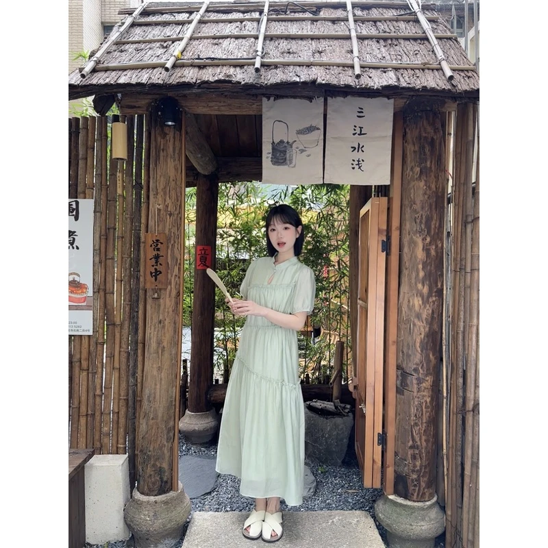 瞌睡兔定制【清苍】夏槿凉安夏季新中式显瘦气质时尚腰连衣裙242921