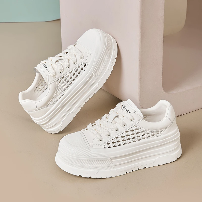 手工编织网面透气小白鞋2025夏季新款增高厚底板鞋女休闲运动百搭