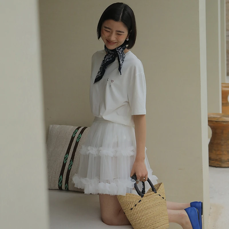 【素简】 双层网纱立体蓬蓬裙 法式复古松紧腰短裙子00817