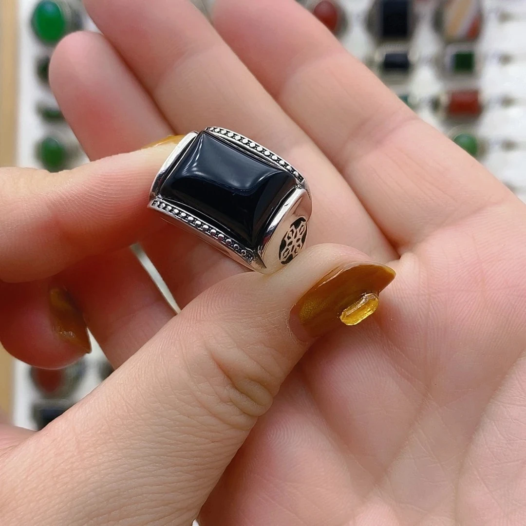 黑玛瑙大号宽版马鞍戒指男戒银925镶嵌开口戒