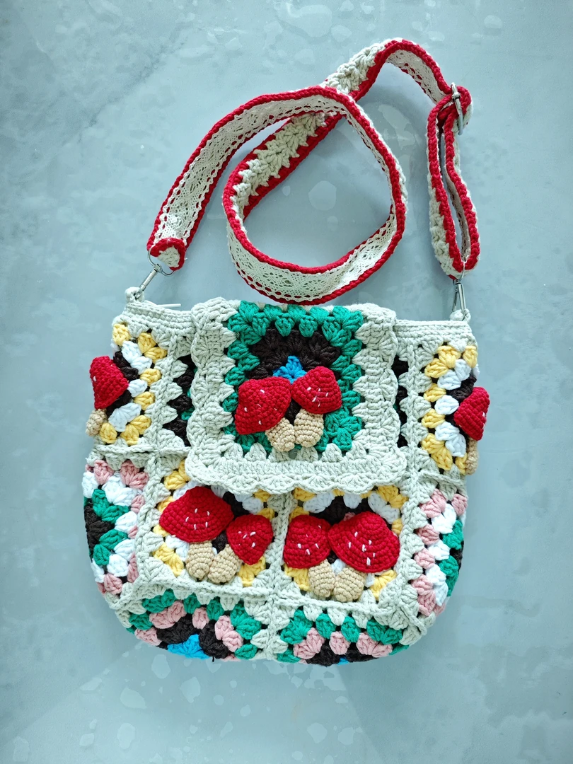 手工编织蘑菇祖母格单肩包成品包包内有衬布拉链