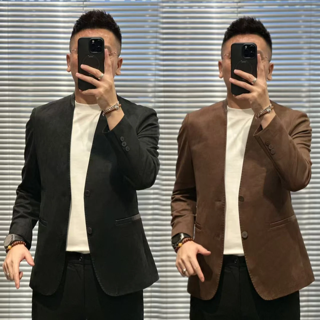 5808欧货春夏款轻奢简约拼羊皮男士无领西服（偏小一码）