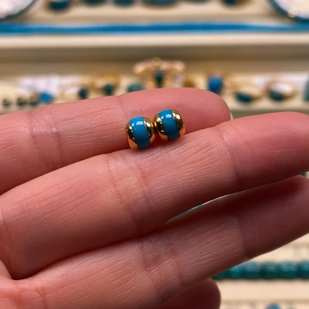 绿松石18K金镶嵌珠宝奇石直径6×5.4汉堡对珠