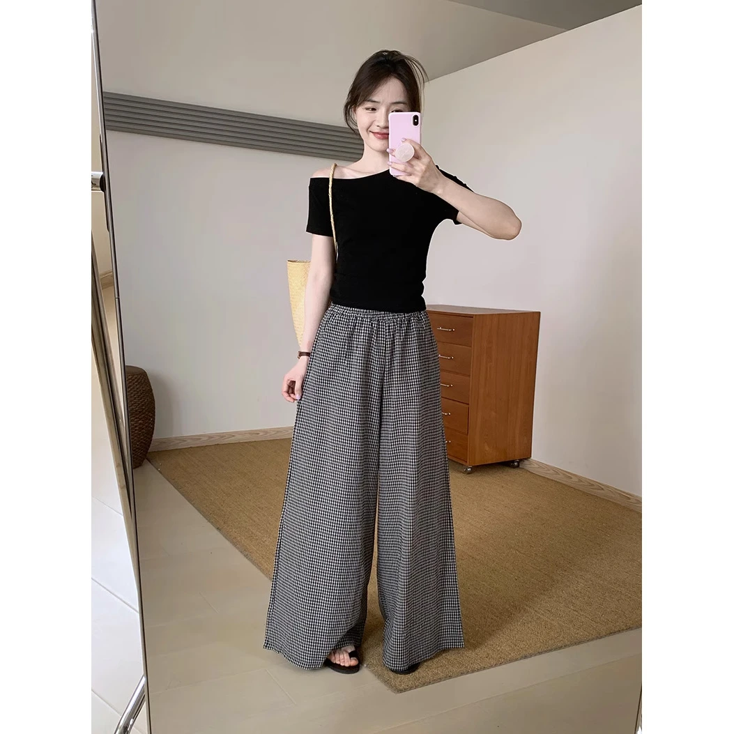 洋气休闲装2025夏季新款斜肩显瘦短袖T恤上衣格子阔腿裤套装女装