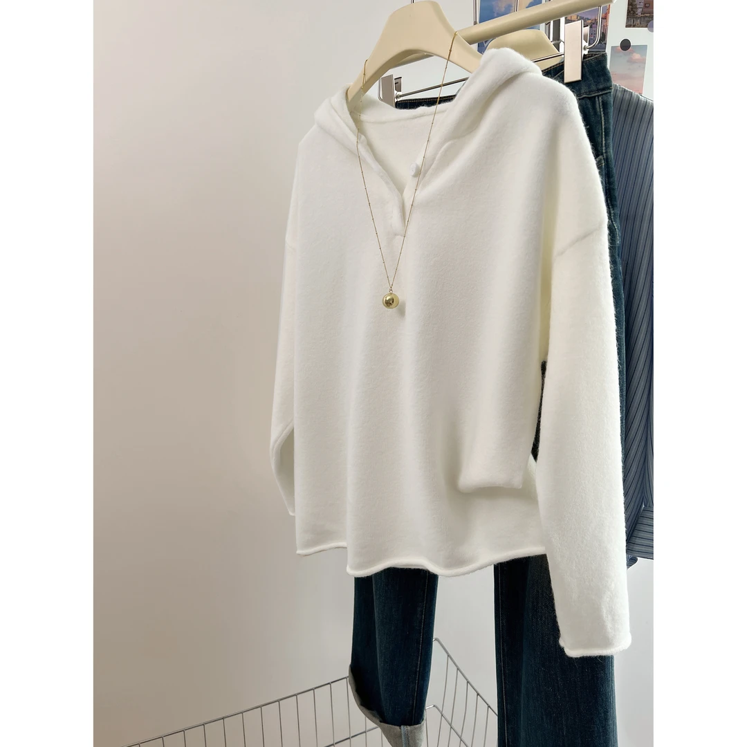 韩系百搭简约连帽针织衫女秋冬2025新款休闲宽松慵懒风小个子上衣