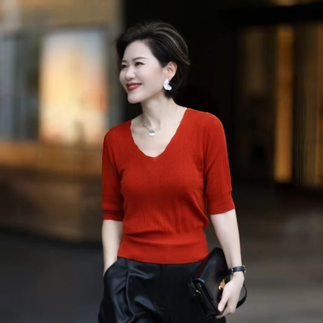 VCOSV领醋酸提花镂空气质时尚中袖针织衫