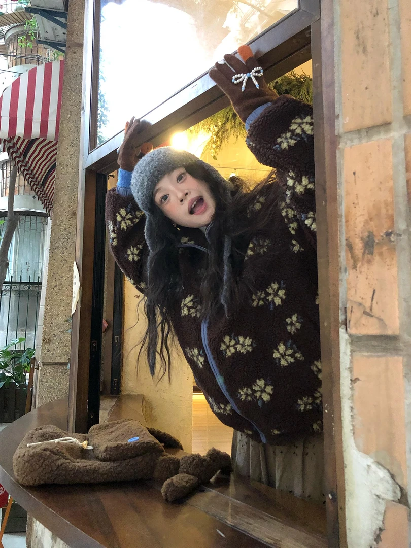 复古花朵仿羊羔毛上衣加厚冬新款棉服小个子宽松休闲韩版毛绒外套