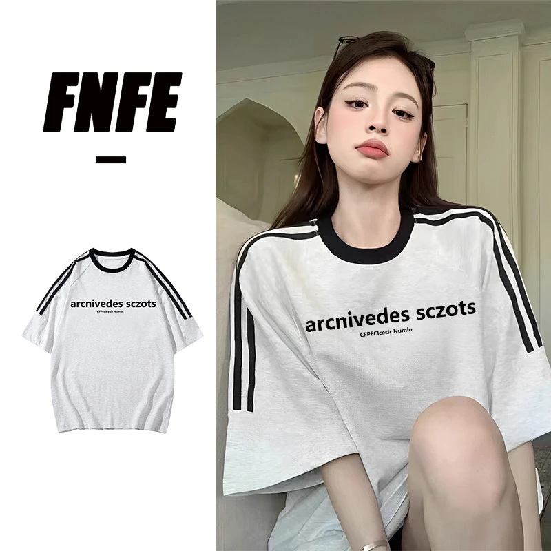 FNFE美式潮牌三杠半袖t恤男女夏季新款宽松显瘦重磅短袖衫印花