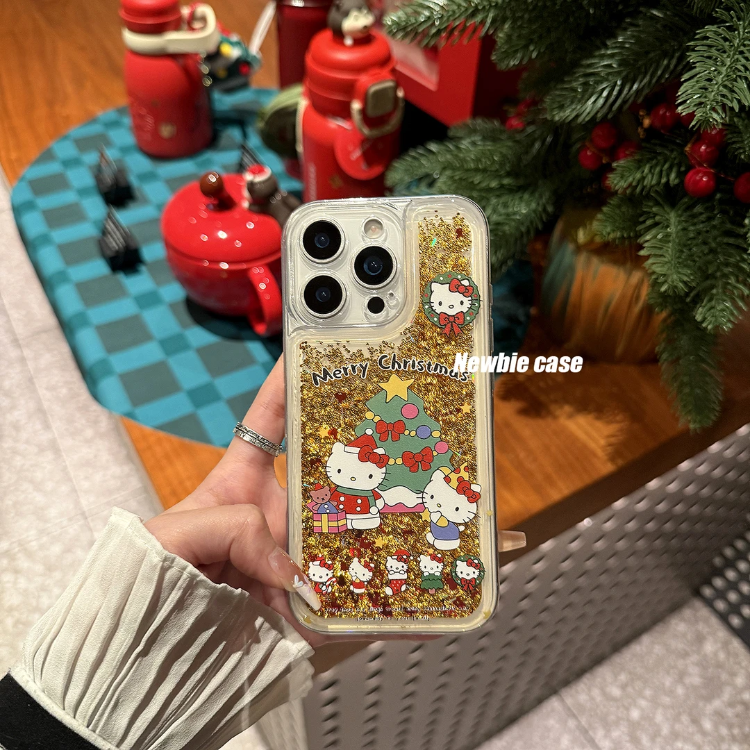 小众圣诞流麻闪闪kitty手机壳女款流沙适用iPhone16p华为oppo小米