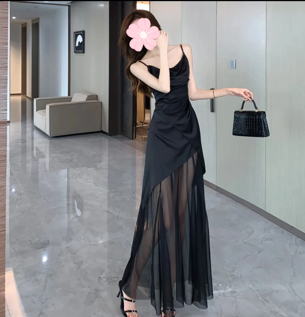 高级感缎面拼接2025新款长裙女夏季御姐不规则褶皱修身吊带连衣裙