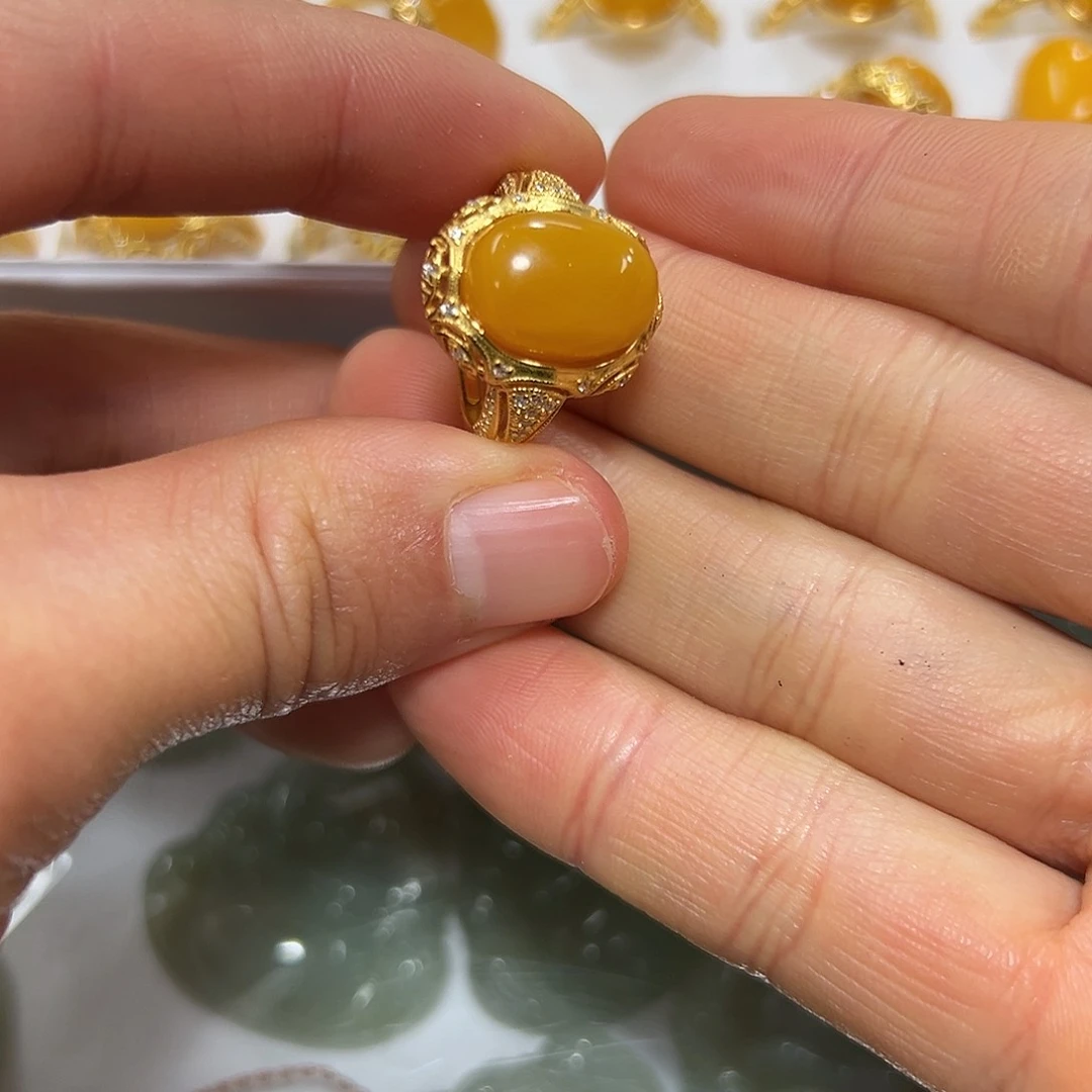 琥珀戒指银S925镶嵌一****颜