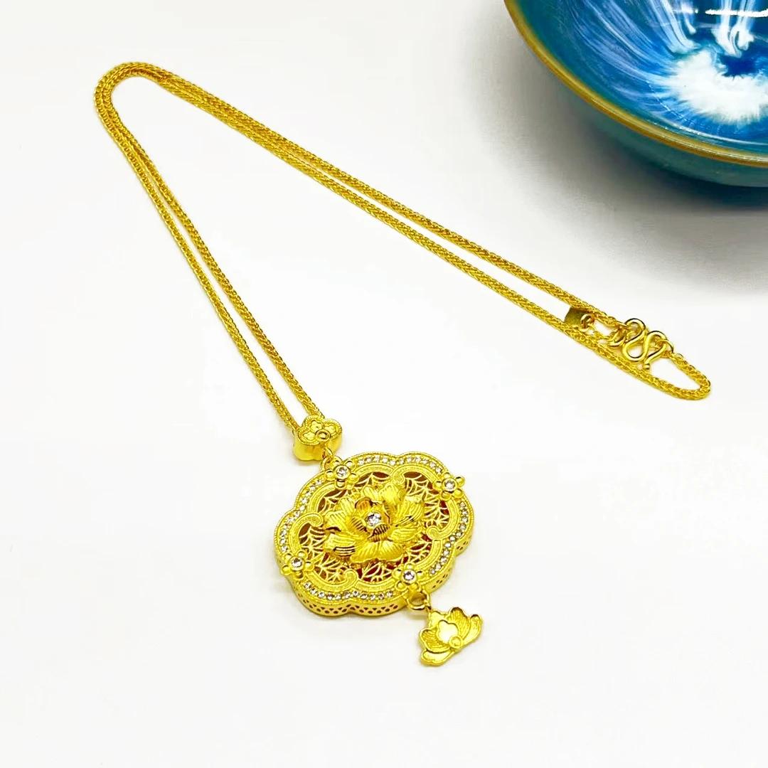 坠链均足银 足银套链-荷花长命锁套链（简约时尚）