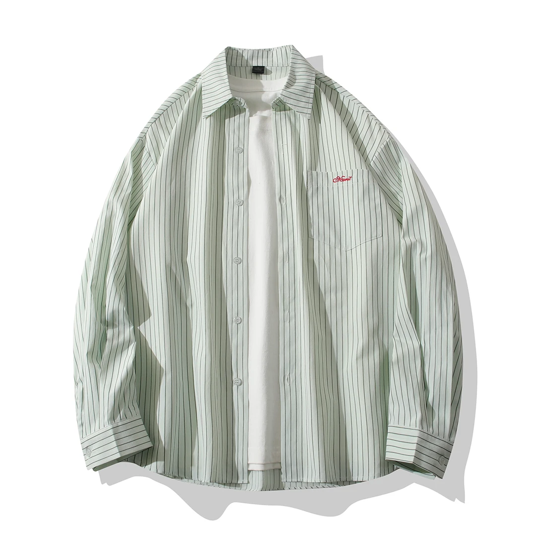 日系简复古薄款清新竖条纹刺绣男士春夏长袖棉质衬衫宽松垂感内搭