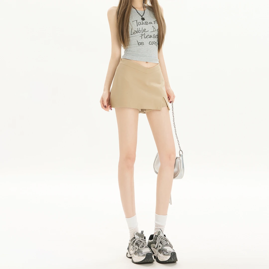 KRO 夏季美式休闲复古辣妹露腰V型包臀短裙女开叉A子弹力超短裤裙