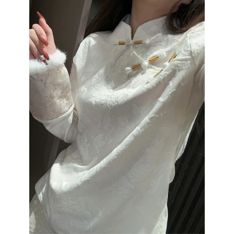 【樱花加绒】新中式复古提花盘扣洋气小衫女秋款显瘦百搭长袖上衣
