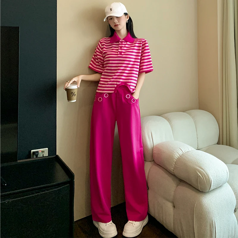 欧货休闲运动套装女夏季新款时尚洋气设计感翻领条纹短袖两件套潮