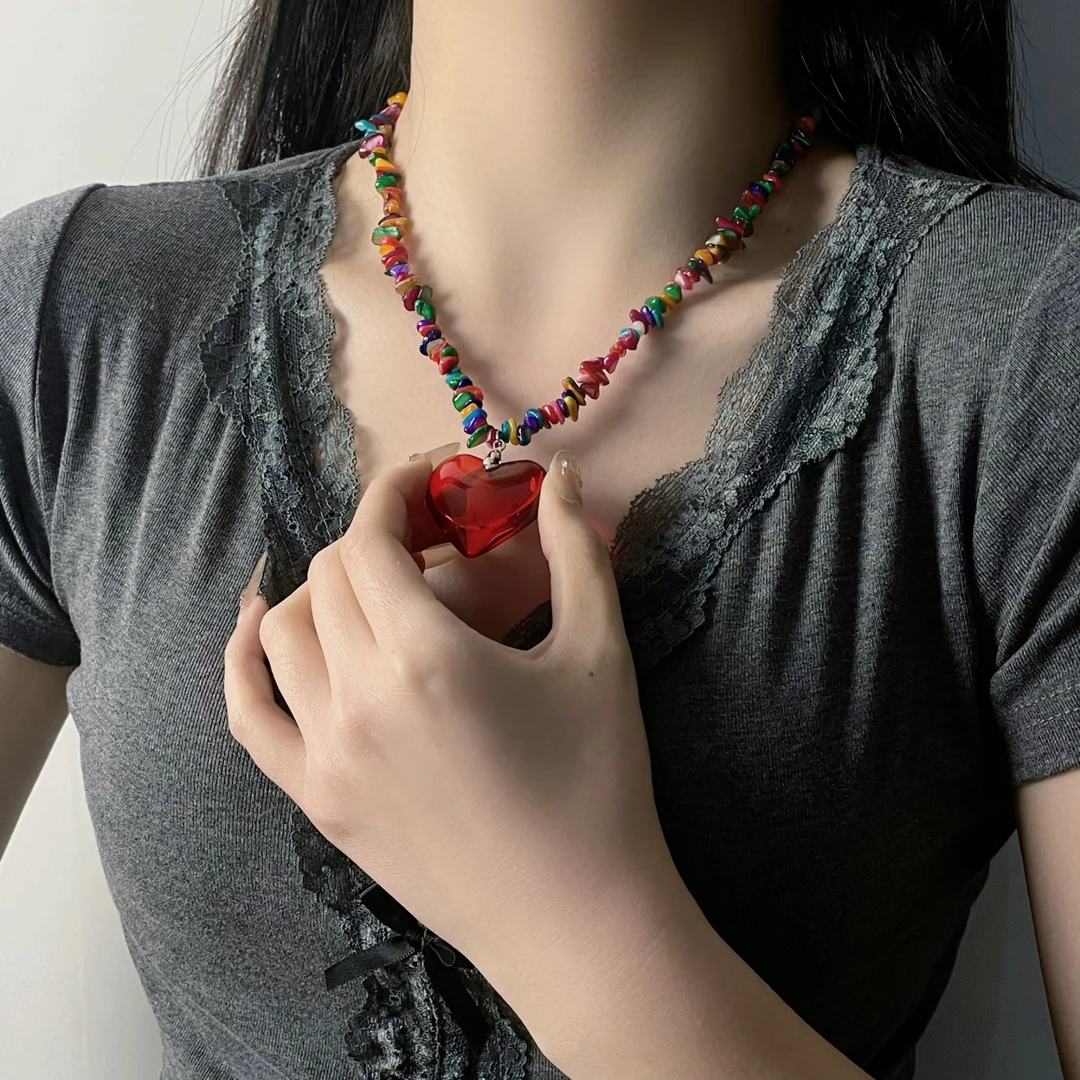 非金属树脂项链 2105彩色小众碎石串珠爱心吊坠项链新款辣妹风