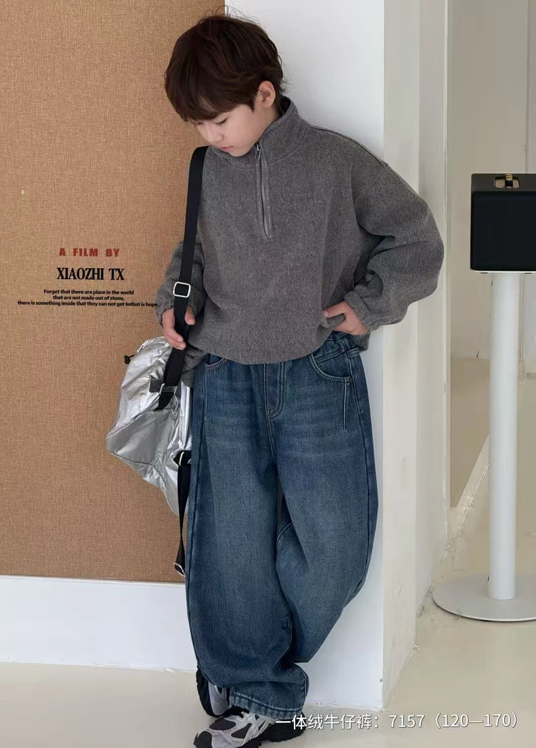 2025小智同学冬季一体绒老爹裤牛仔裤加绒韩版宽松男女中大童休闲