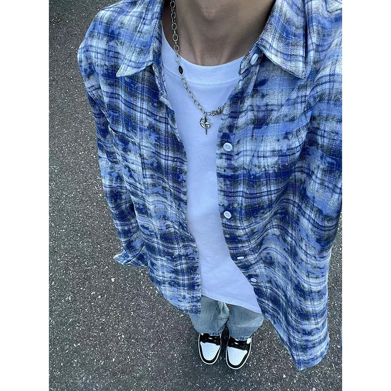 美式复古扎染蓝色格子衬衫男款秋季情侣长袖衬衣宽松慵懒风薄外套