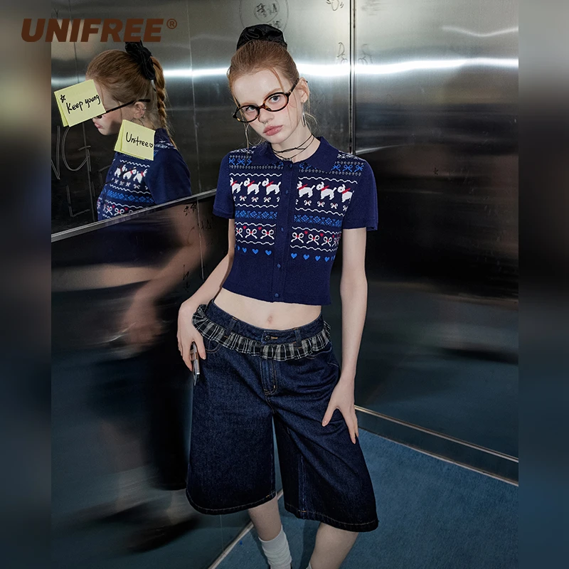 UNIFREE提花修身短款短袖针织开衫U252G027C1W1