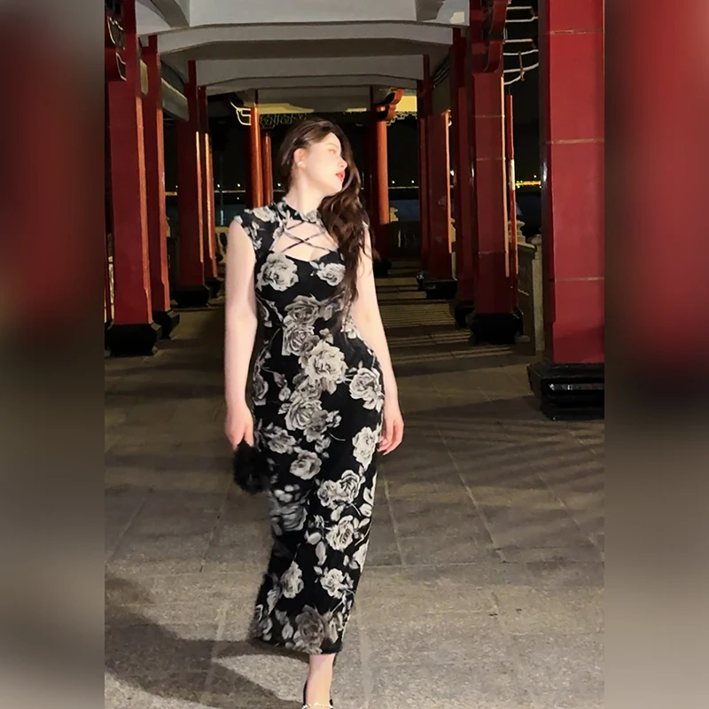 DMcc【黑骑士玫瑰】新中式复古印花玫瑰改良旗袍修身显瘦包臀裙
