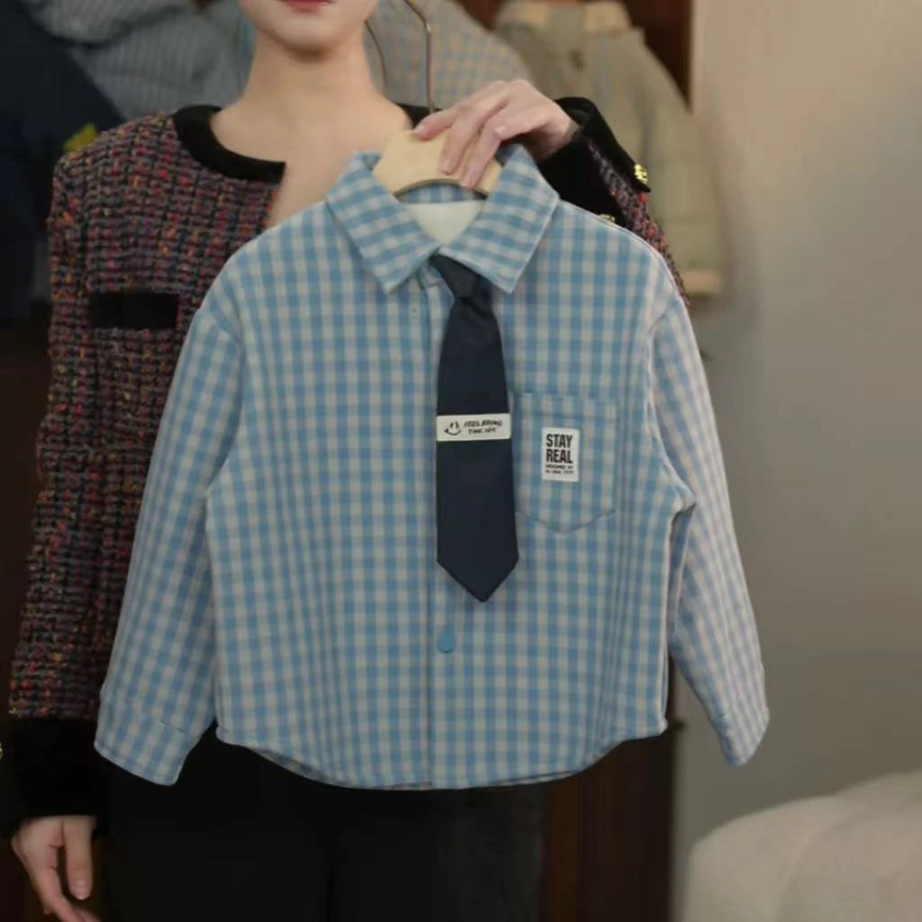 【鸭梨童品】2025冬季加绒长袖男童时尚休闲洋气格纹外套yL1109