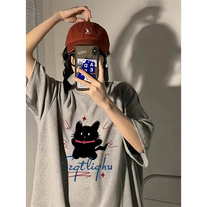 纯棉设计感猫咪印花短袖t恤女夏季宽松休闲百搭半袖上衣潮小众
