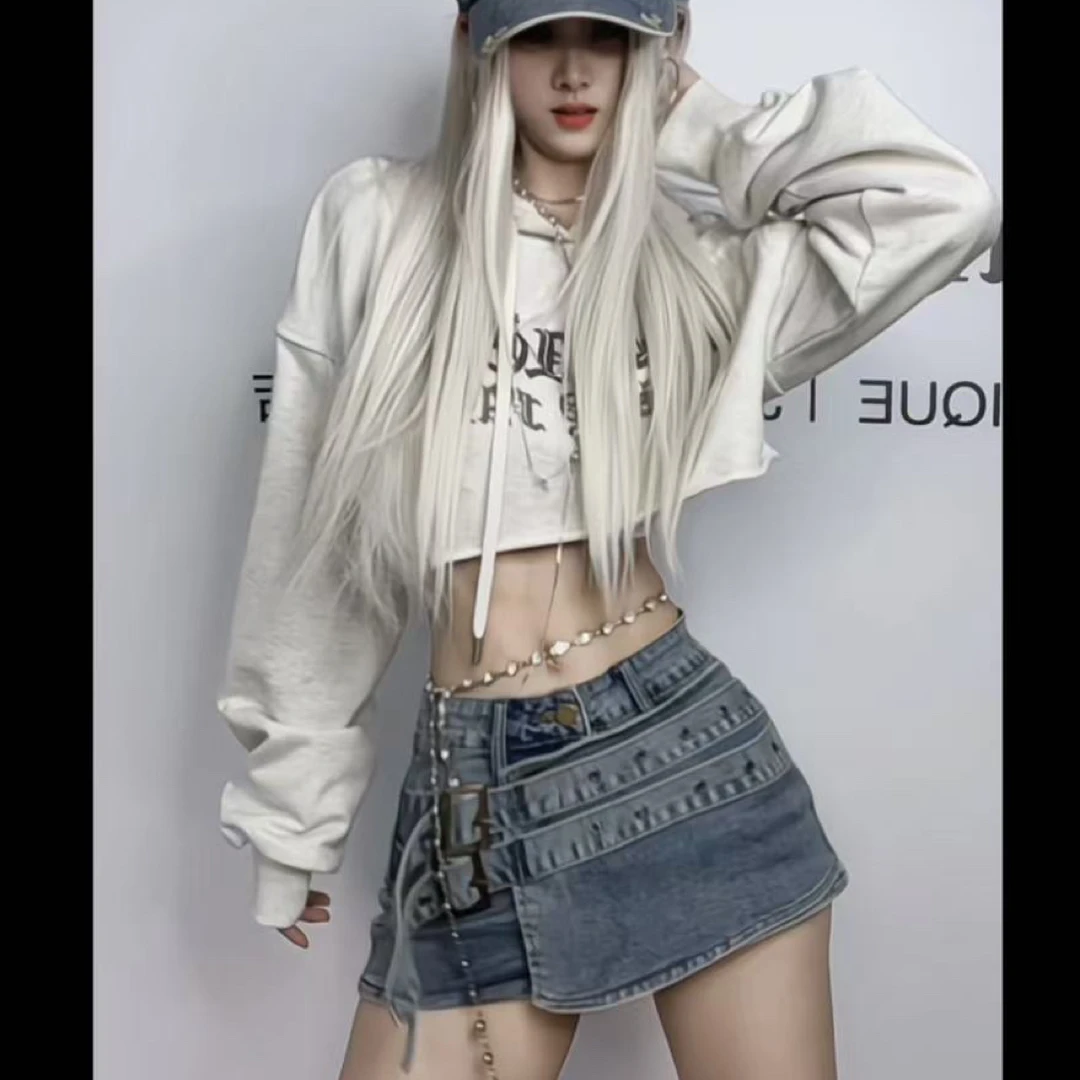 【Ann】“赫拉小姐”美式怀旧辣妹长袖短款上衣+怀旧色牛仔裙裤套装