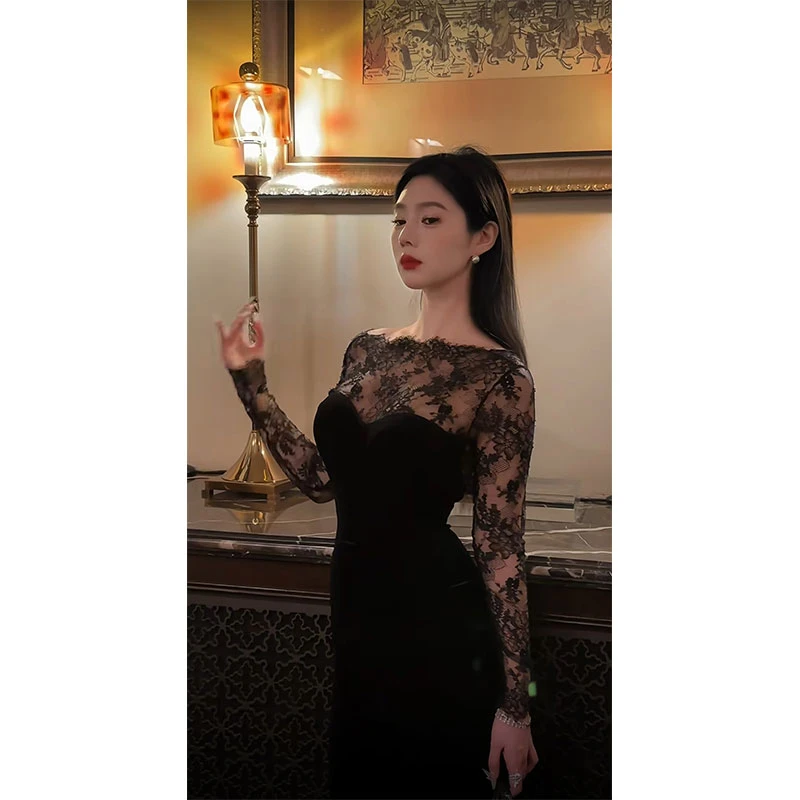 法式气质名媛高端精致蕾丝拼接丝绒黑色连衣裙修身包臀鱼尾裙礼服
