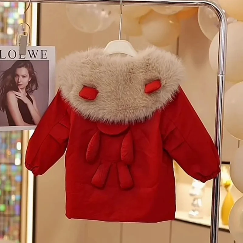 女童加绒红色外套冬季2024新款派克服中小童女宝宝洋气拜